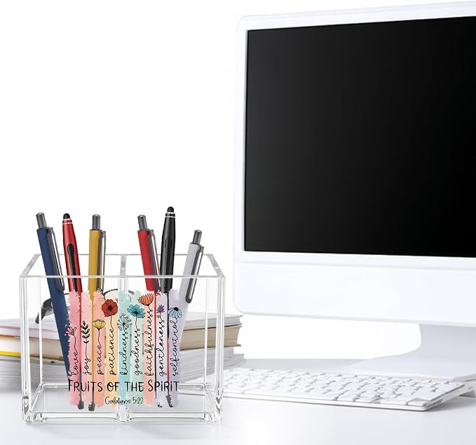 Inspirational Christian Floral Acrylic Cosmetic Pencil Pen Holder Cup Religious Gifts for Women Fruits of The Spirit Bible Verses Christian Decor for Home Office Desk Vanity Organizers and Accessories