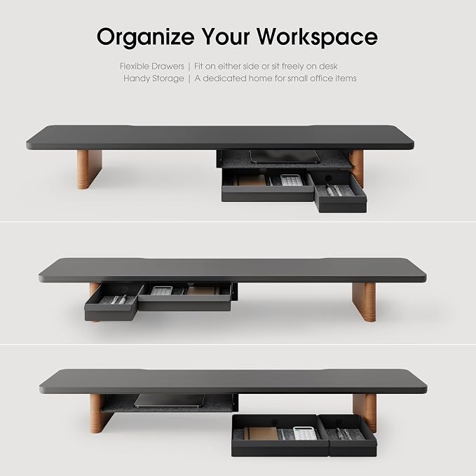 Fenge 42.5" Dual Monitor Stand with Storage Drawer & Solid Wood Legs, Black | Modern Minimalist Design, Repositionable Metal Drawers, Wooden Desk Shelf for Home Office Workspaces