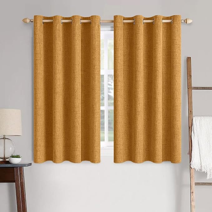 MIULEE 100% Blackout Linen Textured Curtains for Bedroom Solid Thermal Insulated Mustard Yellow Grommet Room Darkening Curtains & Drapes Luxury Decor for Living Room 52 x 45 Inch (2 Panels)