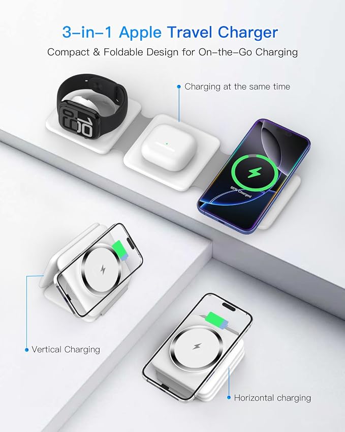 Charging Station for Apple Multiple Devices - 3 in 1 Foldable Magnetic Wireless Charger Dock - Travel Charging Pad for iPhone 17 16 15 14 13 12 Pro Max Plus Watch & Airpods