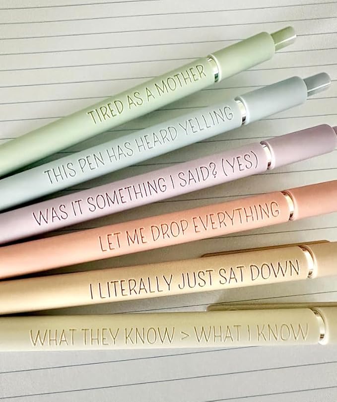 6 Pen Set｜Manic Motherhood Engraved Soft Touch Gel Pens｜Funny Mom Mothers Day Pens｜Planner Pens Office Supplies (Silver Pastel)