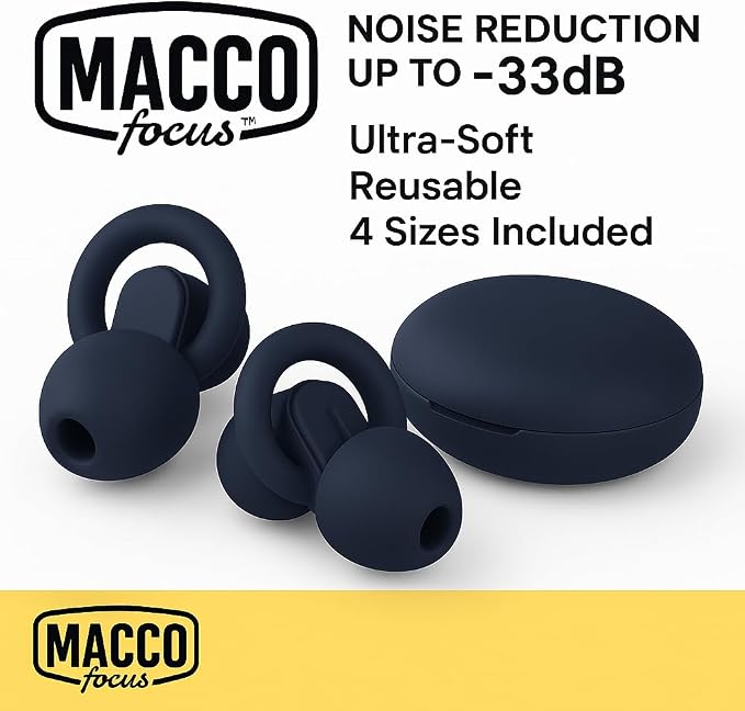 Macco Focus Reusable Silicone Ear Plugs – up to 33 dB NRR Noise Reduction for Sleep & Focus – 4 Sizes (XS–L) – Soft Washable Hearing Protection with Hard Case – Black
