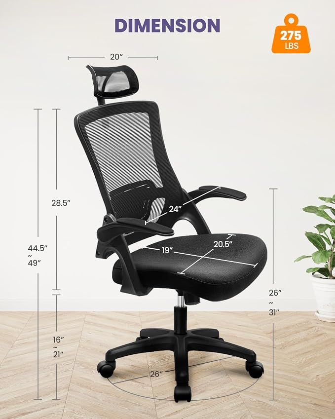 NEO Chair Office Desk Chair Gaming Computer High Back Support Mesh Comfy Seat with Adjustable Ergonomic Headrest Lumbar Rolling Flip-up Armrests and Wheels (Mesh Black)