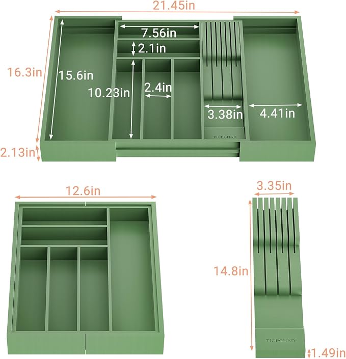 Expandable Bamboo Silverware Drawer Organizer Tray, Grayish Green | Removable Knife Block, Holds 7 Knives, Adjustable Dividers, 12.6-21.45 x 16.3 x 2.13 in, Drawer Insert for Utensils, Forks