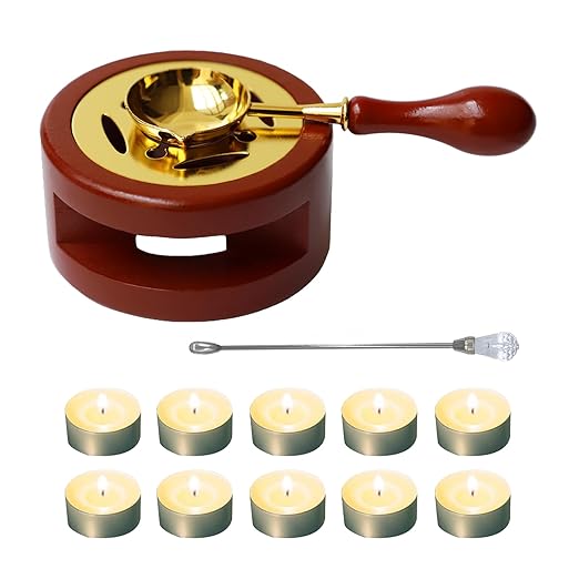 Red Brown Wax Seal Warmer Furnace Kit with Spoon & Stir Stick and Tealight Candles Set for Wedding Wax Envelope Seal Stamp (Red)