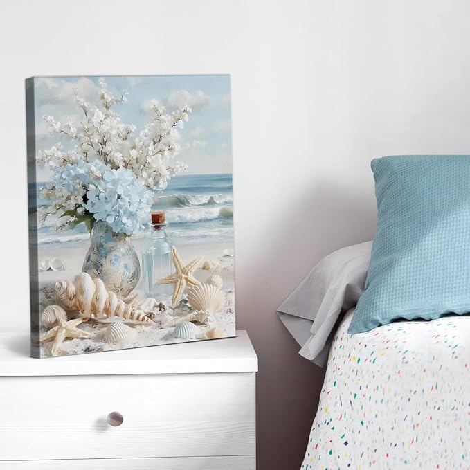 Coastal Beach Floral Wall Art Decor Nautical Seashell Flower Vase Painting Picture Artwork Blue Ocean Wall Decor for Home Beach Room Bedroom 8x10 Canvas Framed