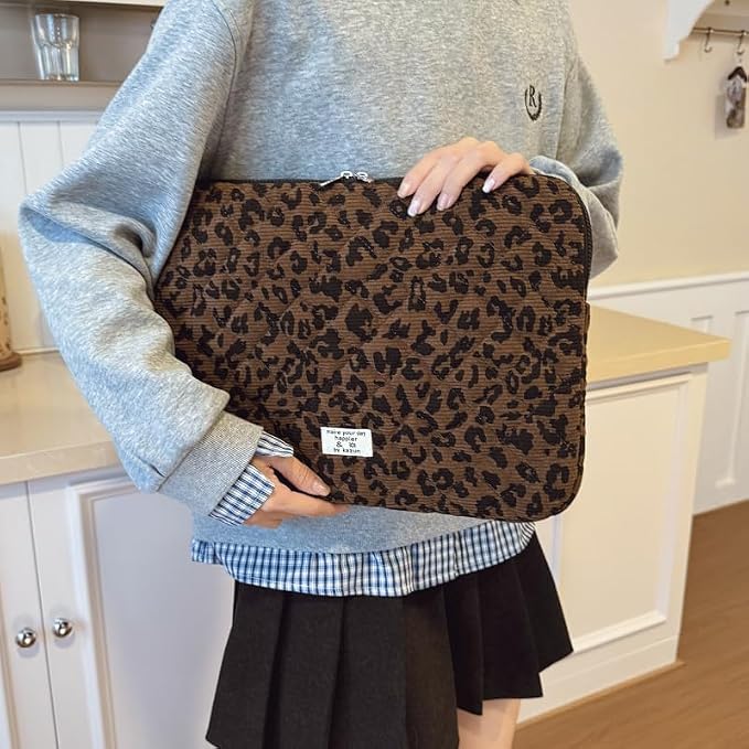 Cute Bow Puffy Laptop Sleeve 13-15 Inch Cute Quilted Laptop Protective Case Padded Bow Computer Sleeve for MacBook (Leopard Coffee, 15inch)