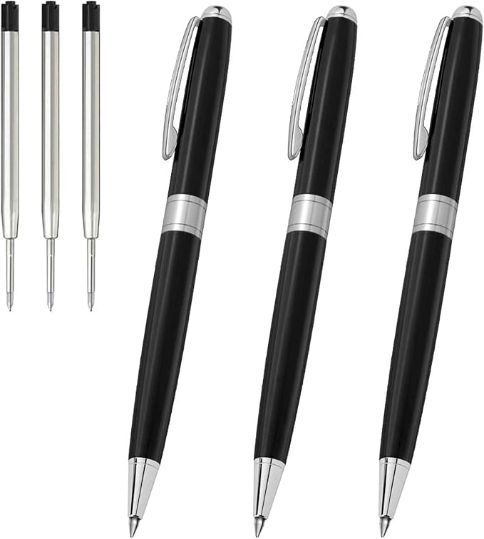 Cambond Ballpoint Pens Black Ink - Weighted Metal Twist Black Pens for Police Uniform Flight Attendant Business, 1.0 mm Medium Point Smooth Writing, 3 Pens with 3 Extra Refills (Black)