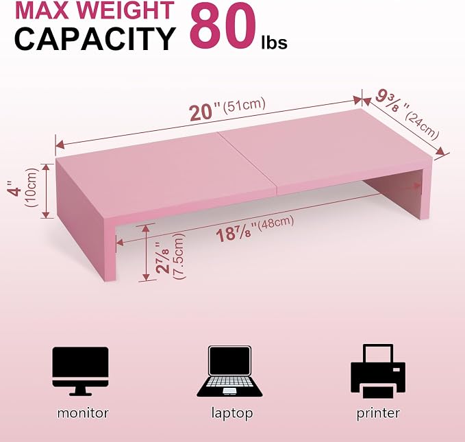 TEAMIX Pink Monitor Riser-20L inch, Wood Monitor Stand for Desk, Sturdy TV/Screen/PC/Printer/Laptop Riser,Computer Shelf with Storage TV Holder for Home Office (Pink, 20 inch)