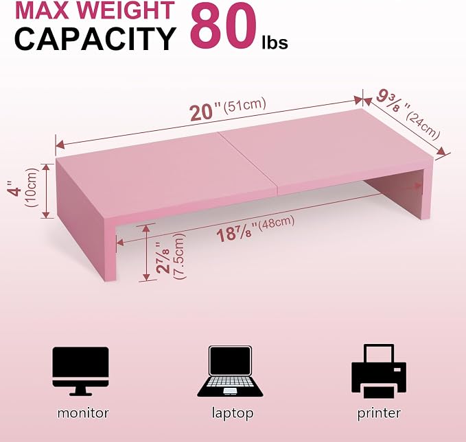 TEAMIX 2 Pack Pink Monitor Riser-20L inch, Cute Monitor Stand for Desk, Wood Sturdy TV/Screen/PC/Printer/Laptop Riser, Computer Shelf with Storage Desktop Organizer for Home Office