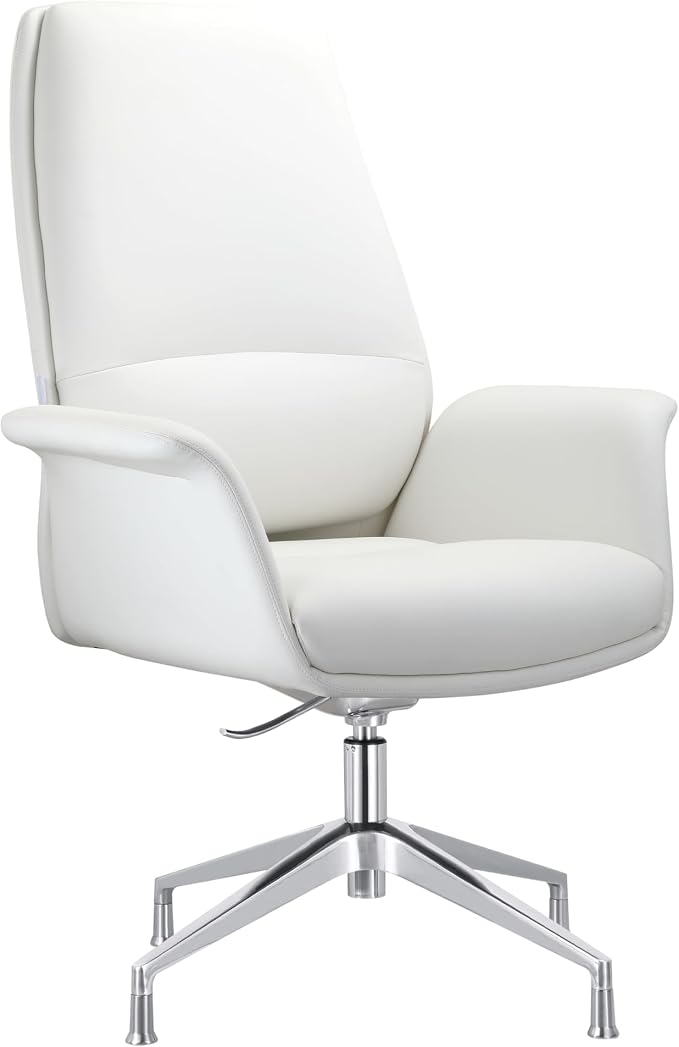 LeisureMod Mid-Century Modern Swivel Office Chair, Adjustable Height with Faux Leather Seat and Aluminum Frame (White, Set of 4)
