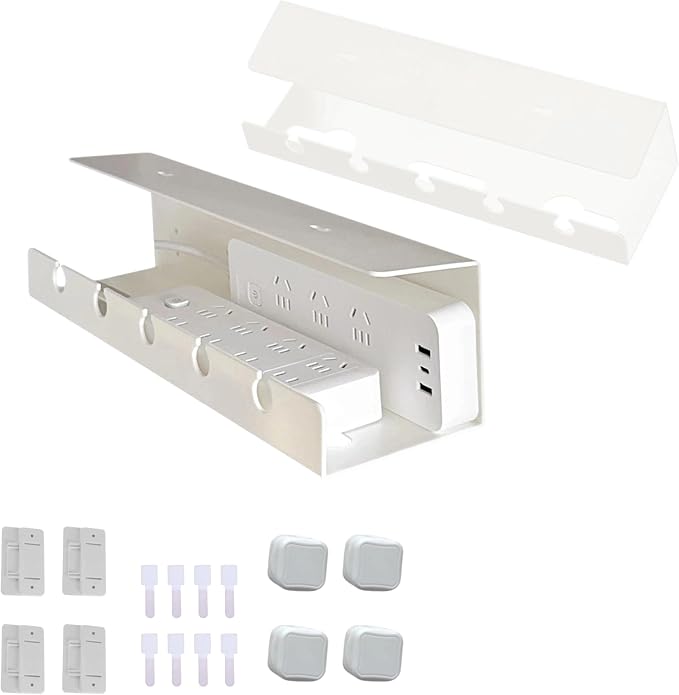 Ovanmexis Under Desk Cable Management Tray, White, 2-Pack | Quick-Release Mount, Snap-On Tool-Free, Includes Magnetic Cable Clips & Straps, No Drill Hidden Base
