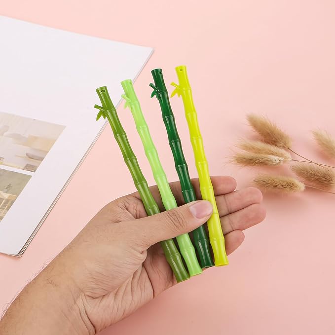 12 Pcs Novelty Green Plastic Bamboo Shape Gel Pens 0.5mm Black Ink Funny Kawaii Plant Writing Pen for Party Favors Ctue Adults School Office Gifts Stationery Supplies