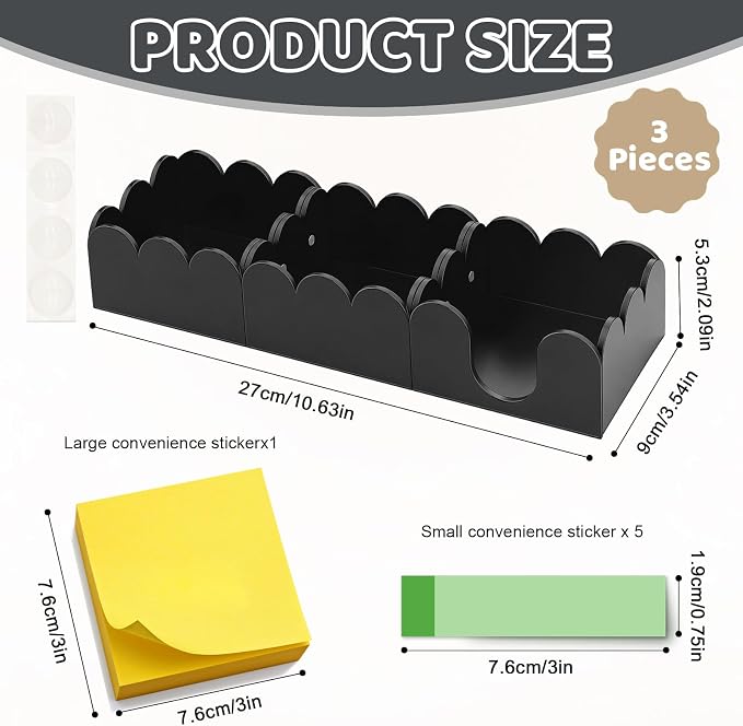 3Pcs Scalloped Acrylic Sticky Note Holder,Black Sticky Notes Dispenser 3x3 Thick Post it Notes Memo Pad Holder Non-Slip Desk Organizer for Office Home School Dorm Desktop