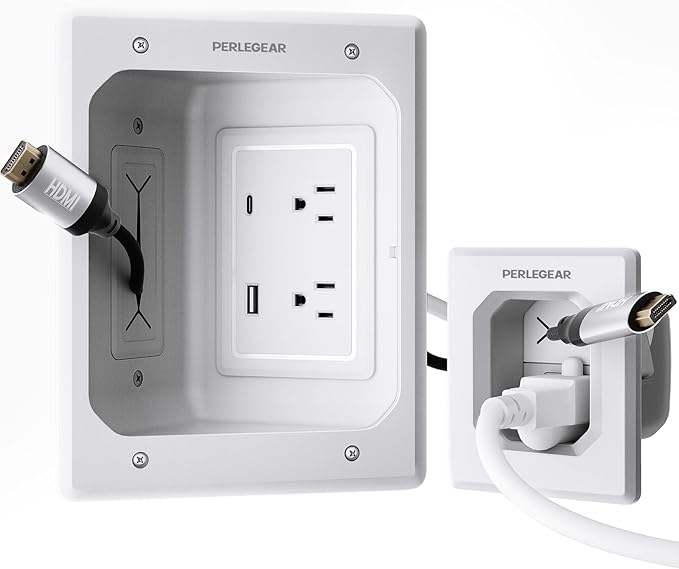 Perlegear in Wall Cable Management Kit, USB & Type C PortsTV Cord Hider & Cable Hider, Wire Hider with Recessed Power, Includes Drill Template, Dust Bag, Drywall Saw, Extension Cable