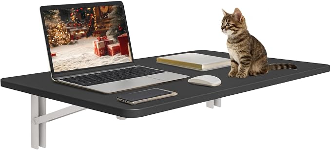 Black Wall Mounted Folding Table 23.6"x15.7" Fold Down Wall Desk for Small Spaces, Wooden Floating Table for Laundry Room, Kitchen or Home Office, Heavy Duty Brackets