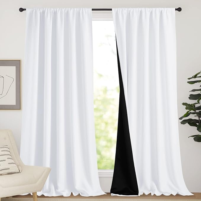 NICETOWN Thermal Insulated Curtains for Windows, Super Heavy-Duty Black Lined Blackout Curtains for Bedroom, Privacy Assured Window Treatment (White, Pack of 2, 62-inch W x 95-inch L)