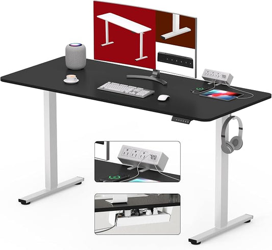 SANODESK Electric Standing Desk with Desk Clamp Power Strip 48"x 30" Whole-Piece Desktop Height Adjustable Stand Up Desk with Cable Management Sit Stand Home Office Desk White Frame/Black Top