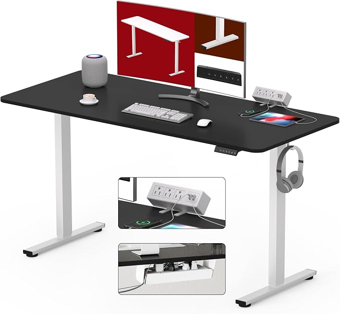 SANODESK Electric Standing Desk with Clamp Power Strip 48"x 24" Whole-Piece Desktop Height Adjustable Stand Up Desk with Cable Management Home Office Desk White Frame/Black Top