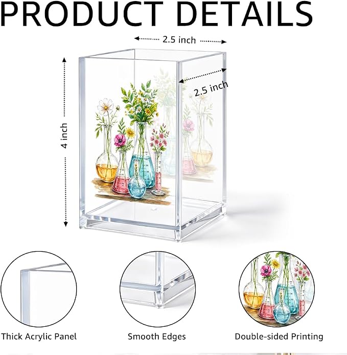 Chemistry Lab Acrylic Pen Holder for Desk, Floral Science Beaker Design Clear Acrylic Organizer Box, Cute Chemist Desk Accessories, Laboratory Office Decor Gifts for Scientist Teacher Student