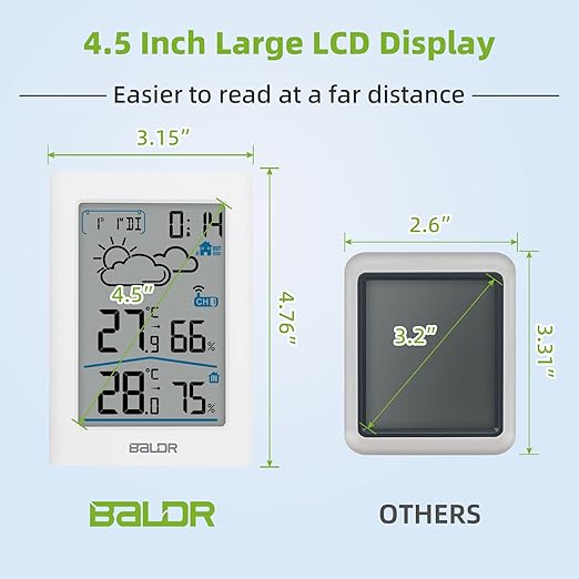 BALDR Indoor Outdoor Thermometer Wireless with Clock, Battery Powered Weather Station Indoor Outdoor, Portable Outside Temperature Monitor for Home Patio