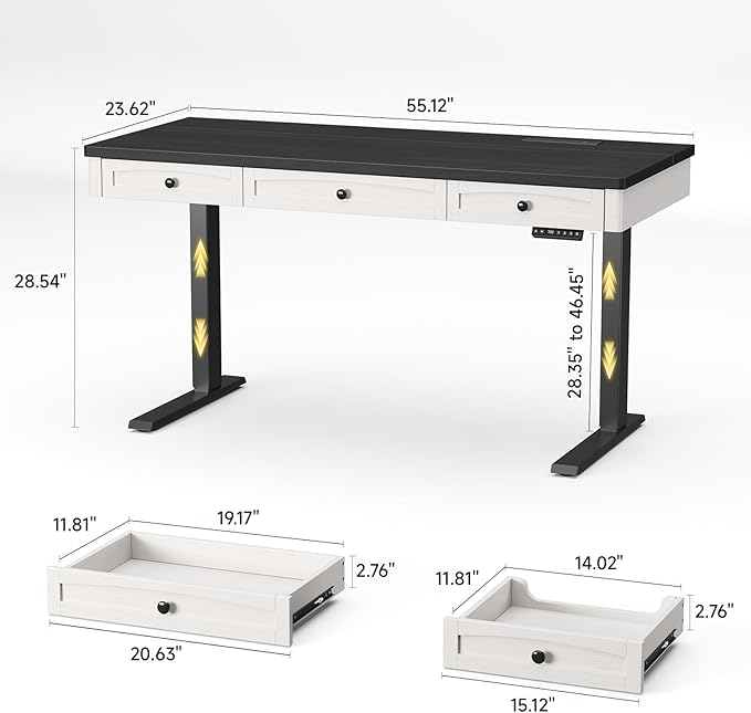ONBRILL Standing Desk with 3 Drawers, 55 x 24 Inch Electric Height Adjustable Desk with Storage & Outlets, for Computer Workstation, Home Office, Retro Curved Table Corner & Drawers, Black