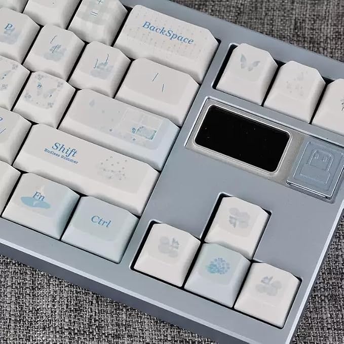 White & Blue PBT Keycaps - Cherry Profile 5-Sided Dye-Sublimation Sweet Butterfly Keycap Set 127 Keys for 60%/65%/75%/80%/100% Mechanical Keyboard