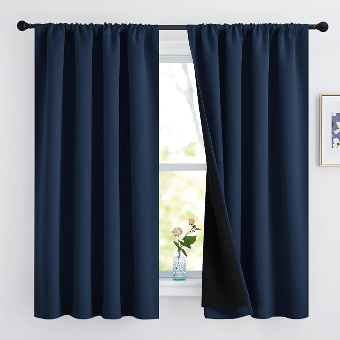 NICETOWN 100% Blackout Curtains, Thermal Insulated Black Liner Panels for Nursery Room, Noise Reducing and Cold Blocking Drapes for Windows (Set of 2, Navy, 52 inches Wide by 63 inches Long)