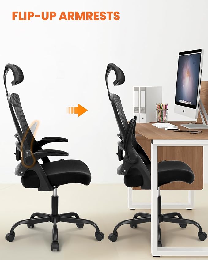 NEO Chair Office Chair High Back Desk Chair Comfy Gaming Computer Mesh Seat with Ergonomic Lumbar Adjustable Headrest Rolling Flip-up Armrests and Wheels (Dark Black)
