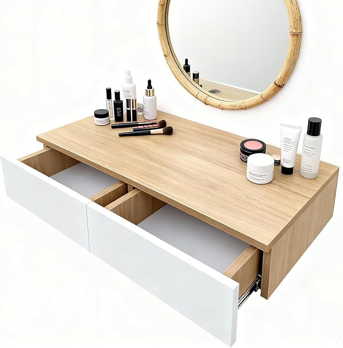 Wall Mounted Floating Vanity Desk with 2 Storage Drawers Modern MDF Makeup Table – 39.4 x 15.7 x 5.9 in (100 x 40 x 15 cm), Space-Saving Dressing Table for Bedroom or Small Spaces (Natural Wood)