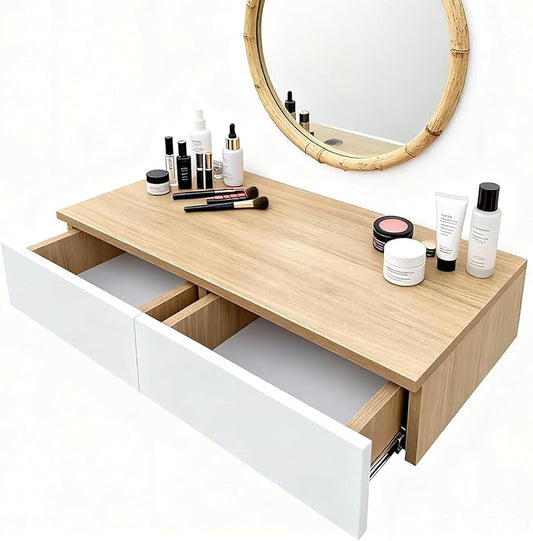 Wall Mounted Floating Vanity Desk with 2 Storage Drawers Modern MDF Makeup Table – 39.4 x 15.7 x 5.9 in (100 x 40 x 15 cm), Space-Saving Dressing Table for Bedroom or Small Spaces (Natural Wood)