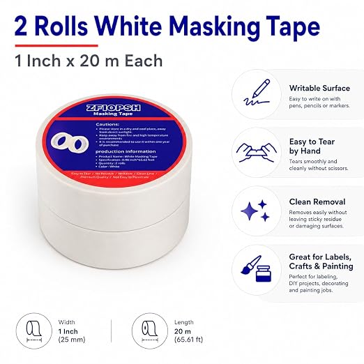 White Masking Tape 1 Inch, 2 Rolls Painter Tape, Easy Tear Paper Tape for Watercolor Painting, Labeling, Crafts, DIY, Art Projects & Classroom Use, 21.87 Yards Each.