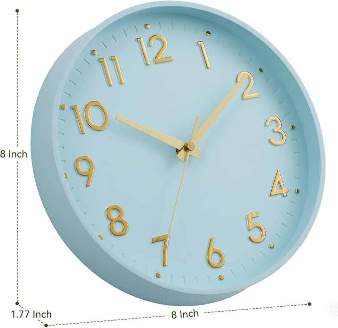 Mosewa Small 8 Inch Wall Clock Battery Operated Silent Non Ticking Analog | Aqua Blue modern clock; oversized 3D easy-read dial for kitchen, bedroom & office; 1 AA battery (not included)
