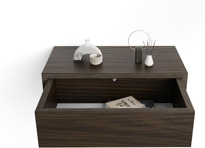 Mobili Fiver, Riccardo Wall Bedside Table, Dark Walnut, 17.7" x 9.8" x 6.1 ", Melamine-Finished, Modern Bedside Table, End Table, Italian Furniture