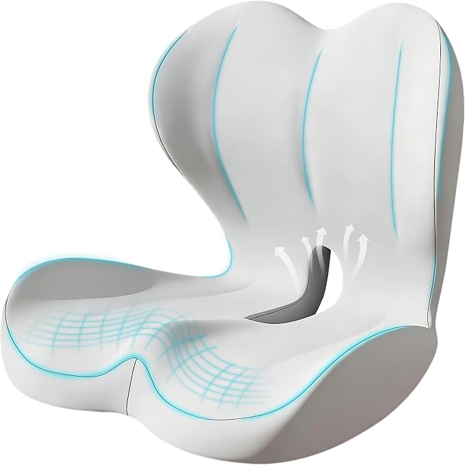 Seat Cushion for Office Chair and Car, Lumbar Support Pillow for Office Chair, Memory Foam Ergonomic Seat Cushion for Long Sitting, Back & Tailbone Pain, Sciatica - Light Gray