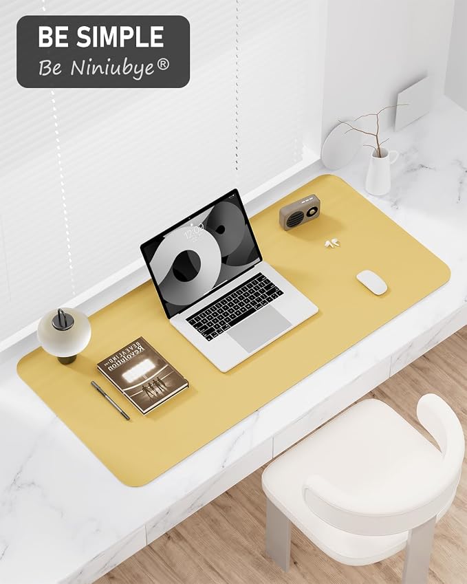 Desk Pad, 35.5" x 17" PU Leather Non-Slip Desk Mat Large Mouse Pad for Desktop, Waterproof Laptop Computer Writing Mat for Office, Home, Work, Gaming, Pale Yellow