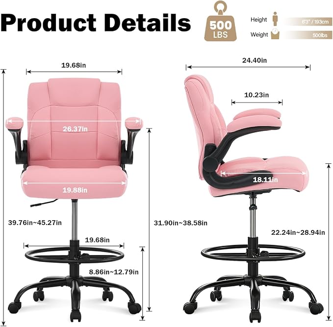Ergonomic Drafting Chair,Tall Office Chair for Standing Desk with Flip-Up Armrests,Adjustable Foot Ring & Height, High Leather Executive Office Chair for Home,Drawing or Counter Height Use