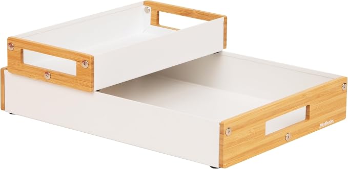 Mind Reader Metal and Wood Tiered Desktop Organizer Trays with Cutout Handles, Stackable Office Storage, Office, Entryway, Coffee Station and Home Organization, Metal and Wood, Set of 2, White