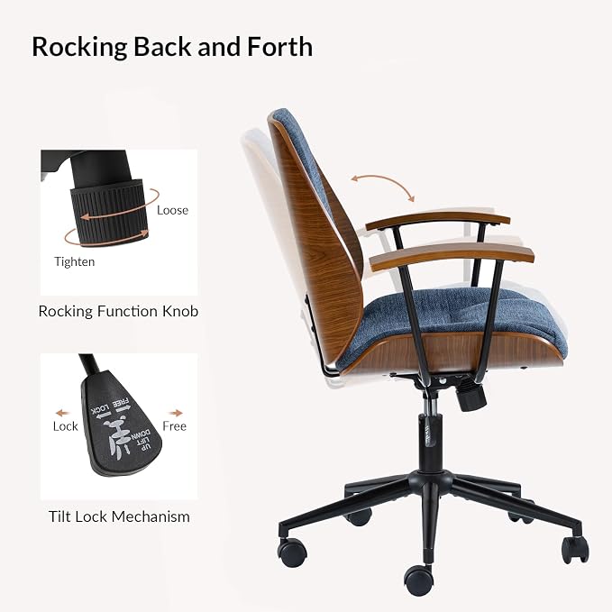 Modern Ergonomic Office Chair with Wood Frame & Metal Base, Swivel Home Office Desk Chairs with Adjustable Height, Comfy Upholstered Computer Chair, Navy