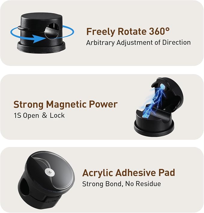 AGPTEK 8 Pack Magnetic Cable Clips, 360° Rotatable Cord Holder, Black | Cable Holder for Nightstand, Desk Cord Organizer Adhesive Wire Management Home Phone Charging Cords USB Cable Keeper