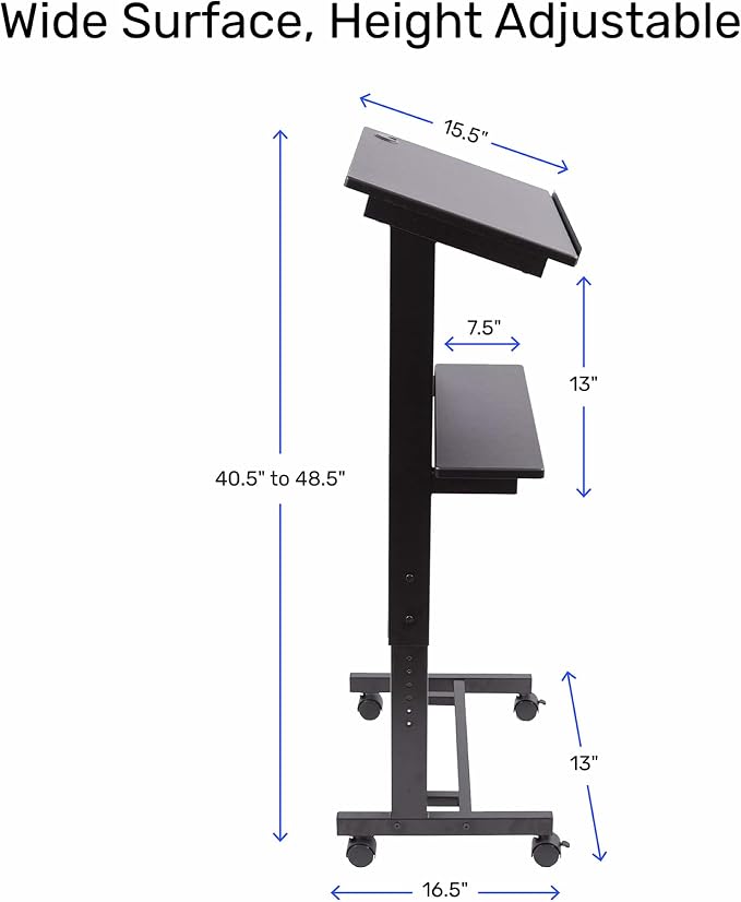 Stand Up Desk Store Mobile Adjustable Height Rolling Lectern Podium with Heavy Duty Steel Frame (Black Frame/Black Shelves, 25.5" Wide)