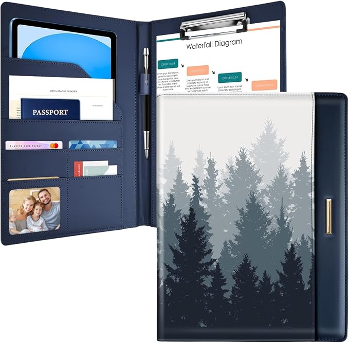 Padfolio/Resume Portfolio Folder for Women Men, WAVEYU Cute Chic Padfolio Cover Folder, Conference/Legal Document Organizer with Letter/A4 Size Clipboard, Document Sleeve, Forest Pattern