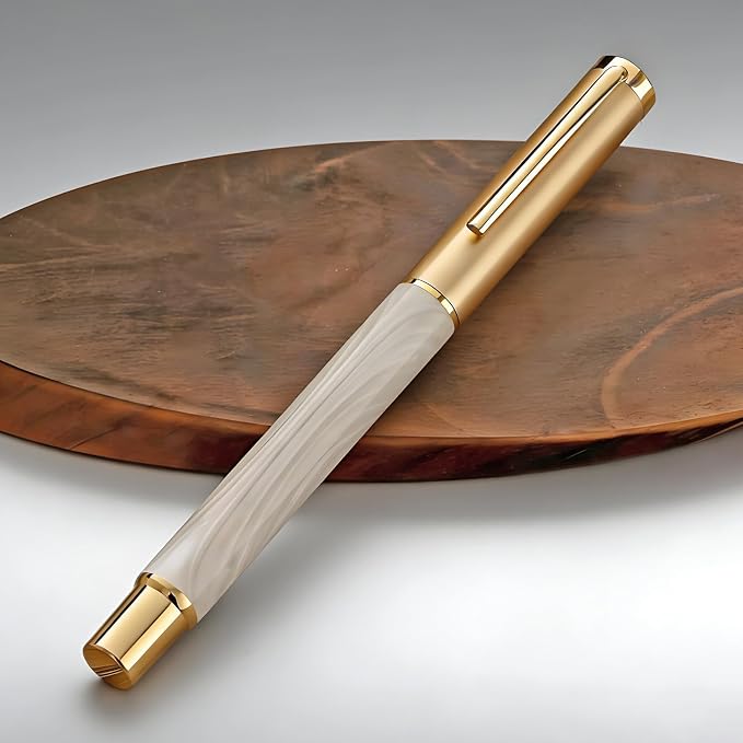 Luxury Rollerball Pen with Gold Trim, Elegant Resin Writing Instrument, Fine Point Black Ink Refill, Business Signature Pen with Metal Gift Box for Executive, Men, Women(White Ice River)