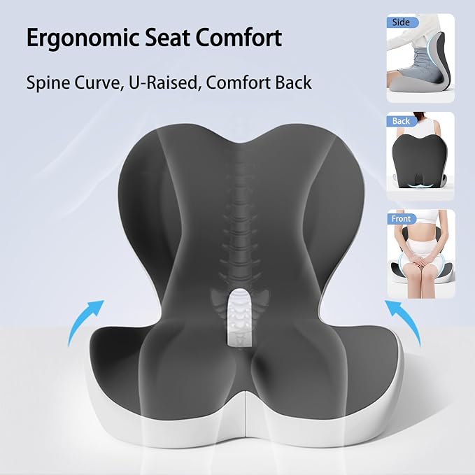Back and Seat Cushion for Office, Back & Tailbone Pain Relief, Raised Cushion for Lumbar and Butt, Double-Sided Anti-Slip, Improves Sitting Posture, Ergonomic Memory Foam Lumbar Cushion
