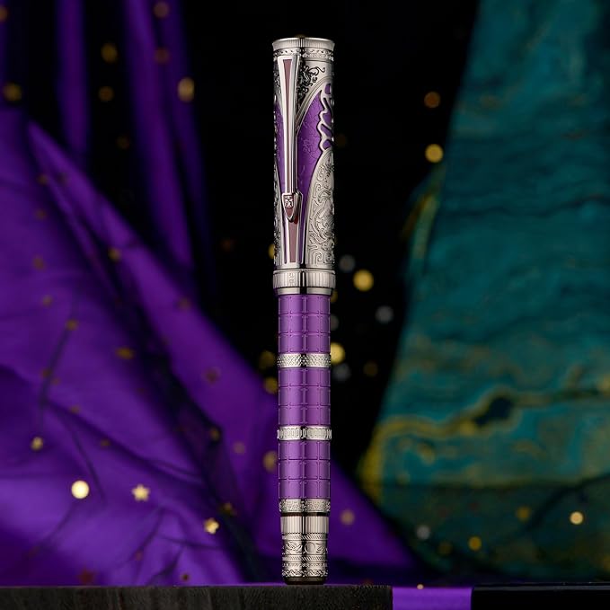 Hongdian D5X Fountain Pen Purple Color Medium Nib, Qin Dynasty Retro Chinese Totem Engraving Smooth Writing Pen with Converter and Pen Box Set