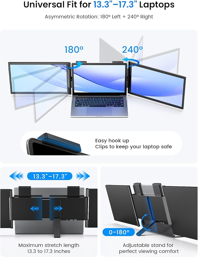 UPERFECT Laptop Screen Extender, 14'' Wireless Triple Portable Monitor, Ultra-Slim Dual Travel Monitor 125% sRGB One Cable Plug -Play Extender Monitor for MacOS/Win/Android, Fits 13.3-17.3" Laptops