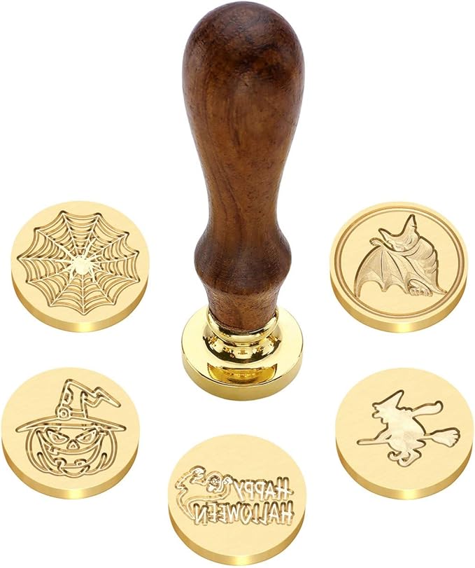 Yoption 6 Pcs Wax Seal Stamp Set, Halloween Sealing Wax Stamps Kit, Wooden Handle with Brass Head for Halloween Invitation Gift Cards