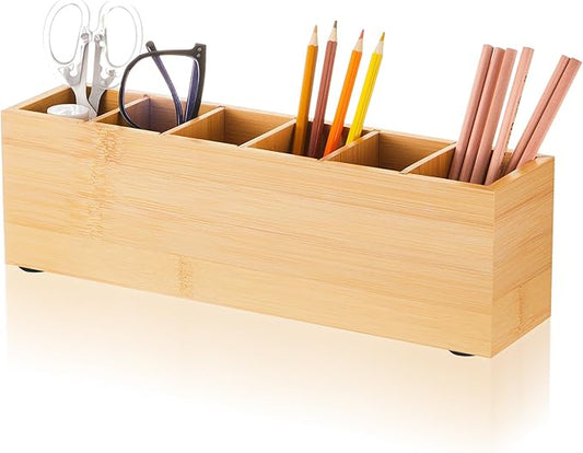 Jetec Wooden Pencil Pen Holder for Desk 6 Compartments Wood Office Desk Organizers for Countertop Adjustable Makeup Brush Organizer Silverware Caddy for Party, Home, Art Supplies(Bamboo)