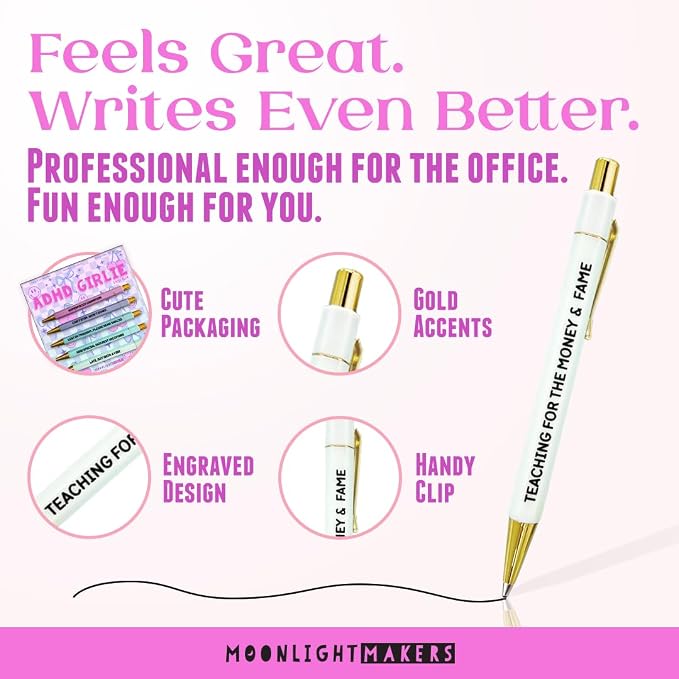 Moonlight Makers - Set of 5 Ballpoint Pens Black Ink - Engraved Funny Pens for Adults - ADHD Girlie Appreciation Adult Gifts - Ideal Desk Decor for Work and Office Desk - Cute Packaging, Handy Clips