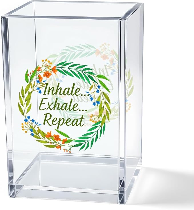 Inhale Exhale Repeat Acrylic Cosmetic Pencil Pen Holder Cup, Inspirational Desk Organizer Accessories for Home Office Meditation Room Decor, Motivational Gifts for Women Girl Yoga Lover Coworker